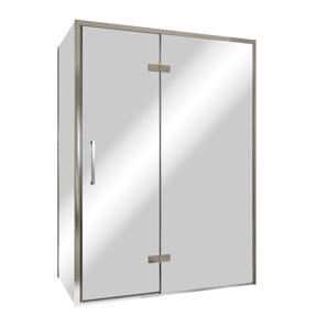 Balmani Senses Design douche en coin avec porte pivotante à droite et paroi latérale fixe, 140 x 100 cm, Miroir Reflex, Profil chrome