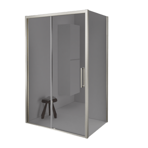 Balmani Senses Design douche en coin avec porte coulissante à gauche et paroi latérale fixe, 140 x 100 cm, Miroir Reflex, Profil Brushed CoolMetal