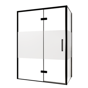 Balmani Senses Design douche en coin avec porte pivotante à gauche et paroi latérale fixe, 140 x 90 cm, Verre transparent avec bande matte, Profil noir