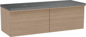 Balmani Forma hängendes Möbelstück Set: 150 x 55 cm, Naturbelassene Eiche, mit Rock Doppel Waschtischplatte, Granit, Schwarzes Granit, Horizontale symmetrische gerade Rippe