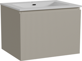 Storke Ribs meuble salle de bains suspendu 65 x 52 cm soie grise avec Diva plan simple en marbre composite blanc brillant, Nervure droite symétrique verticale