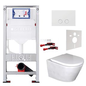 WC Set: Luca Varess Calibro Hänge WC, Weiß glänzend, spülrandlos, inkl. Medio WC Sitz, Burda Element für Wand-WC mit Geberit Sigma UP320 Spülkasten und Luca Varess Betätigungsplatte