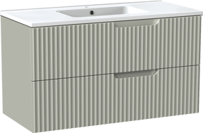 Linie Ribbo zwevend badmeubel 100 x 46 cm greige met Vano enkele wastafel in composietmarmer hoogglans wit, Verticale symmetrische ronde ribbel