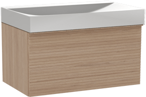Balmani Forma hängendes Möbelstück Set: 90 x 55 cm, Naturbelassene Eiche, mit Wave Einzelwaschtisch, Solid Surface, Weiß matt, Horizontale symmetrische gerade Rippe