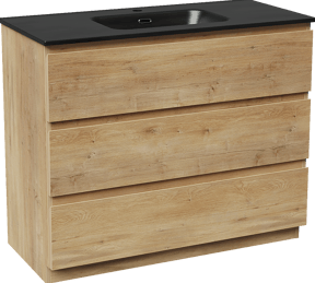 Linie Lado freistehendes Möbelstück Set: 100 x 46 cm, Naturbelassene Eiche, mit Baro Einzelwaschtisch, Porzellan Schwarz matt