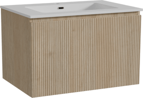 Storke Ribs zwevend badmeubel 75 x 52 cm ruw eiken met Diva enkele wastafel in composietmarmer hoogglans wit, Verticale symmetrische rechte ribbel