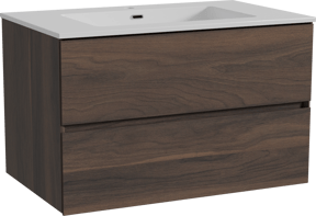 Storke Edge zwevend badmeubel 85 x 52 cm notenhout met Diva enkele wastafel in composietmarmer hoogglans wit