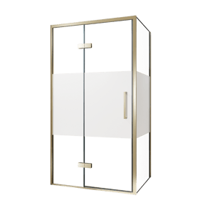 Balmani Senses Design douchehoek met linkse draaideur en vaste zijwand, 100 x 100 cm, Helder glas met matte strook, Brushed Champagne Gold profielen