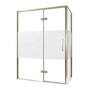 Balmani Senses Design Eckdusche: Drehtür (Links) mit fixierte Seitenwand, 140 x 80 cm, Klarglas mit mattiertem Streifen, Profil Brushed Champagner Gold