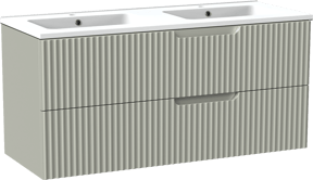 Linie Ribbo meuble salle de bains suspendu 120 x 46 cm greige avec Vano double vasque en marbre composite blanc mat, Nervure circulaire symétrique verticale