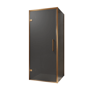 Balmani Senses Design douche en coin avec porte pivotante à gauche et paroi latérale fixe, 90 x 90 cm, Verre fumé, Profil Brushed Rosegold