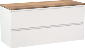 Linie Lado hängendes Möbelstück Set: 120 x 46 cm, Weiß matt, mit Lado Einzel- oder Doppel Waschtischplatte, Melamin Naturbelassene Eiche