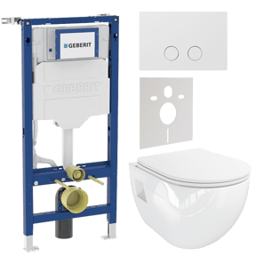 Linie Waldo hangtoilet glanzend wit randloos met Geberit UP320 Systemfix inbouwreservoir en bedieningspaneel