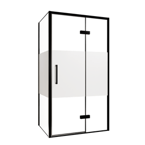 Balmani Senses Design douchecabine met rechtse draaideur en vaste zijwand, 100 x 100 cm, Helder glas met matte strook, Zwarte profielen