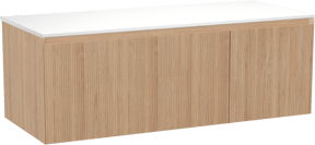 Balmani Fila hängendes Möbelstück Set: 135 x 55 cm, Naturbelassene Eiche, mit Stretto Einzel- oder Doppel Waschtischplatte, Solid Surface, Weiß matt, Vertikale symmetrische gerade Rippe