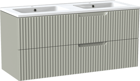 Linie Ribbo meuble salle de bains suspendu 120 x 46 cm greige avec Vano double vasque en marbre composite blanc brillant, Nervure circulaire symétrique verticale