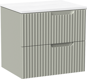 Linie Ribbo meuble salle de bains suspendu 60 x 46 cm greige avec Lado tablette simple en marbre composite blanc brillant, Nervure circulaire symétrique verticale