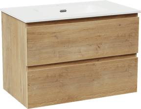 Linie Lado meuble salle de bains suspendu 80 x 46 cm chêne naturel avec Baro plan simple en porcelaine blanc mat