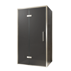 Balmani Senses Design douchecabine met linkse draaideur en vaste zijwand, 100 x 100 cm, Rookglas, Brushed CoolMetal profielen
