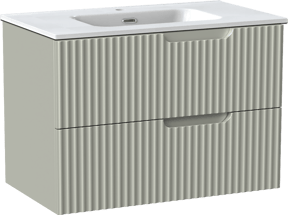 Linie Ribbo zwevend badmeubel 80 x 46 cm greige met Baro enkele wastafel in porselein hoogglans wit, Verticale symmetrische ronde ribbel