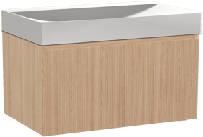 Balmani Fila by Mitra hängendes Möbelstück Set: 90 x 55 cm, Naturbelassene Eiche, mit Wave Einzelwaschtisch, Solid Surface, Weiß matt, Vertikale symmetrische gerade Rippe