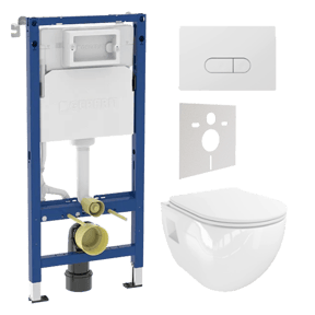 WC Set: Linie Waldo Hänge WC, Weiß glänzend, spülrandlos, Geberit Duofix UP100 Delta Spülkasten mit Luca Varess Betätigungsplatte