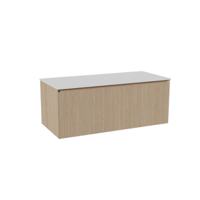 Balmani Fila zwevend badkamermeubel 120 x 55 cm natuur eik met Stretto enkel of dubbel tablet in solid surface mat wit, Verticale symmetrische rechte ribbel