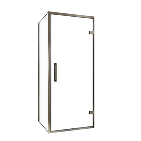 Balmani Senses Design douche en coin avec porte pivotante à droite et paroi latérale fixe, 90 x 70 cm, Verre transparent, Profil Brushed GunMetal