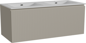 Storke Ribs zwevend badkamermeubel 120 x 52 cm zijdegrijs met Diva dubbele wastafel in composietmarmer glanzend wit, Verticale symmetrische rechte ribbel