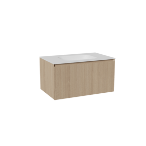 Balmani Fila zwevend badkamermeubel 90 x 55 cm natuur eik met Tablo Arcato enkele wastafel in solid surface mat wit, Verticale symmetrische rechte ribbel