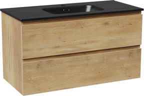Linie Lado zwevend badmeubel 100 x 46 cm naturel eiken met Baro enkele wastafel in porselein mat zwart