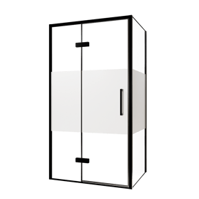 Balmani Senses Design douchecabine met linkse draaideur en vaste zijwand, 100 x 100 cm, Helder glas met matte strook, Zwarte profielen