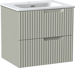 Linie Ribbo meuble salle de bains suspendu 60 x 46 cm greige avec Baro plan simple en porcelaine blanc brillant, Nervure circulaire symétrique verticale