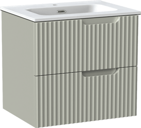 Linie Ribbo hängendes Möbelstück Set: 60 x 46 cm, Greige, mit Baro Einzelwaschtisch, Porzellan, Weiß matt, Vertikale symmetrische runde Rippe