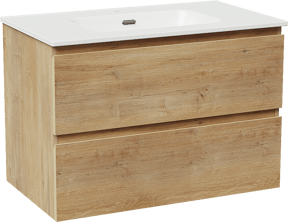 Linie Lado meuble salle de bains suspendu 80 x 46 cm chêne naturel avec Baro plan simple en porcelaine blanc brillant