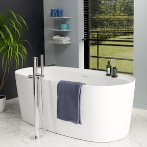 Luca Varess Sutilo Freistehende Badewanne: 160 x 75 cm, Acryl, Weiß matt, mit integrierter Ablage