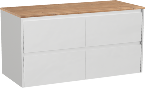 Storke Seda hängendes Möbelstück Set: 120 x 52 cm, Weiß matt, mit Panton Einzel- oder Doppel Waschtischplatte, Melamin Rohe Eiche