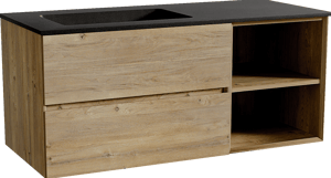 Storke Edge zwevend badkamermeubel 120 x 52 cm ruwe eik met Scuro asymmetrisch linkse wastafel in kwarts mat zwart