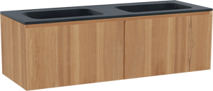 Balmani Idra by Mitra zwevend badkamermeubel 150 x 55 cm teak met Tablo Strada dubbele wastafel in composietmarmer mat zwart