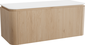 Balmani Moon meuble salle de bains suspendu 130 x 55 cm chêne naturel avec Moon tablette simple ou double en solid surface blanc mat