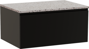 Storke Edge hängendes Möbelstück Set: 75 x 52 cm, Schwarz matt, mit Tavola Einzel Waschtischplatte, Terrazzo in Weiß/Schwarz matt