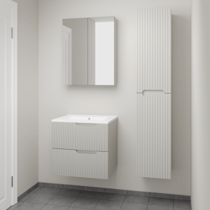 Linie Ribbo zwevend badkamermeubel 60 x 46 cm greige met Vano enkele wastafel in composietmarmer mat wit, Verticale symmetrische ronde ribbel, Montro spiegelkast en Ribbo badkamerkast
