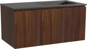 Storke Ribs meuble salle de bains suspendu 100 x 52 cm noyer avec Scuro vasque asymétrique droite en quartz noir mat, Nervure droite symétrique verticale