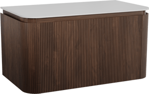 Balmani Moon hängendes Möbelstück Set: 100 x 55 cm, Amerikanischer Nussbaum, mit Moon Einzel Waschtischplatte, Solid Surface, Weiß matt, Vertikale symmetrische gerade Rippe