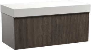 Balmani Forma zwevend badkamermeubel 120 x 55 cm gerookte eik met Dominus enkel of dubbel tablet in solid surface mat wit, Verticale symmetrische rechte ribbel