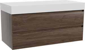 Balmani Mitra hängendes Möbelstück Set: 120 x 55 cm, Amerikanischer Nussbaum, mit Dominus Einzel- oder Doppel Waschtischplatte, Solid Surface Weiß matt