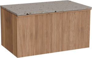 Balmani Forma hängendes Möbelstück Set: 90 x 55 cm, Teak, mit Stretto Einzel Waschtischplatte, Terrazzo in Greige, Vertikale symmetrische gerade Rippe