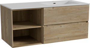 Storke Edge zwevend badkamermeubel 120 x 52 cm ruwe eik met Diva asymmetrisch rechtse wastafel in composietmarmer glanzend wit