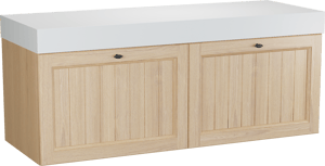 Balmani Lemon zwevend badkamermeubel 150 x 55 cm, fineer natuur eik met Dominus enkel of dubbel tablet in mat wit
