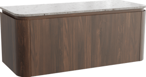 Balmani Moon zwevend badkamermeubel 130 x 55 cm amerikaanse notelaar met Moon enkel of dubbel tablet in terrazzo greige terrazzo